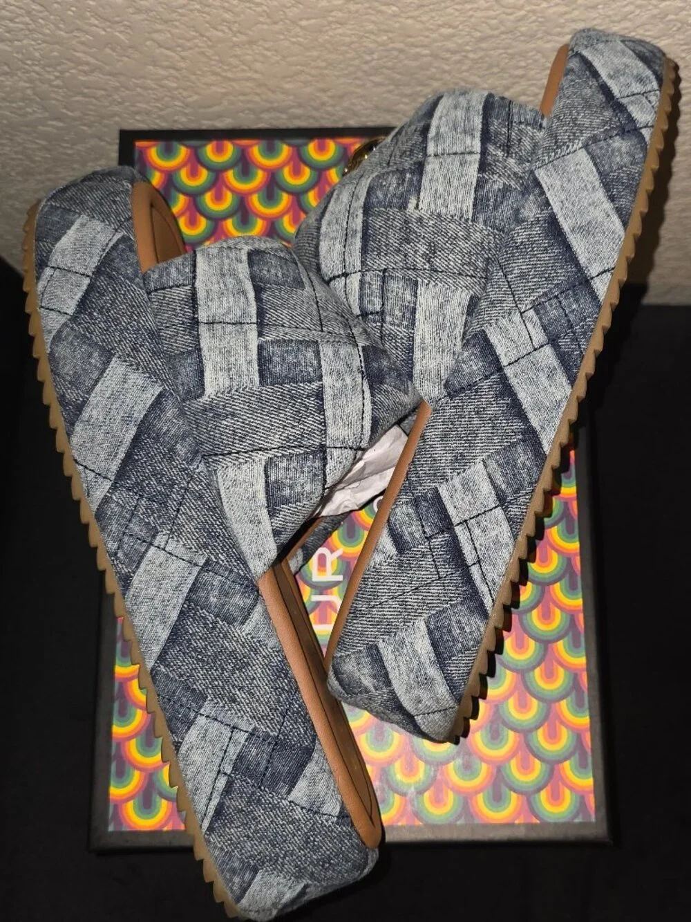 Kurt Geiger Kensington Quilted Denim Patchwork Logo Ornament Platform Slide